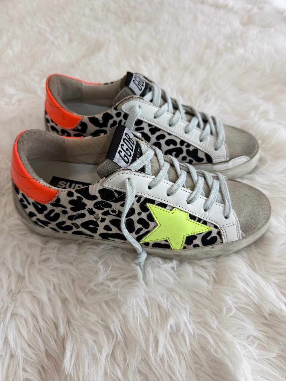 Golden Goose Canvas Leopard Print Sneakers with Neon Yellow Star and Orange Heel